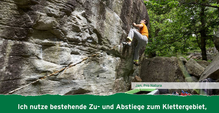 Ich nutze bestehende Zu- und Abstiege zum Klettergebiet, um sensible Lebensräume zu schonen.