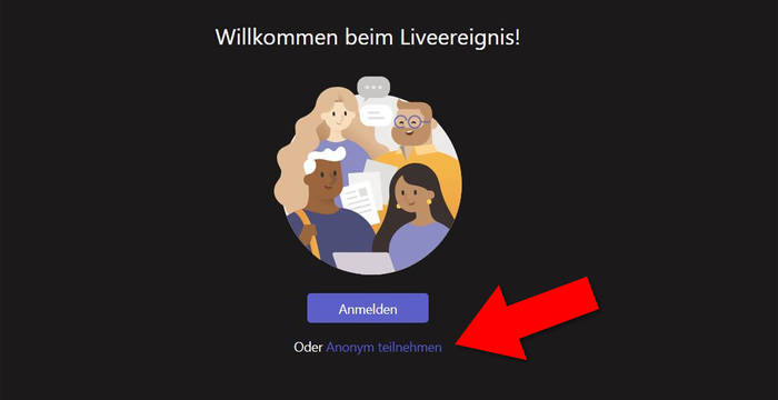 Schritt 2: Klicken Sie auf den Button «Anonym teilnehmen» (roter Pfeil im Screenshot).