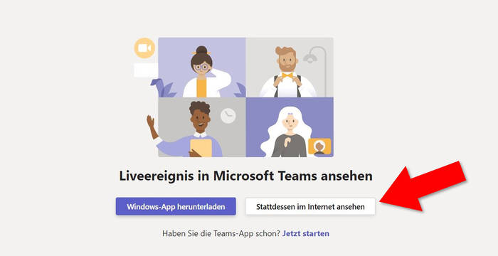 Schritt 1: Bitte wählen Sie den Button «Stattdessen im Internet ansehen» (roter Pfeil im Screenshot).