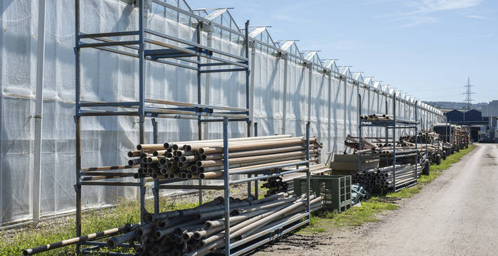 Gewächshäuser und Bewässerungsrohre prägen das Erscheinungsbild einer zunehmend industrialisierten Landwirtschaft.