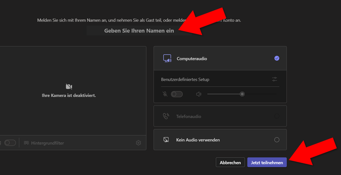 Geben Sie einen fiktiven Namen an und klicken Sie auf «Jetzt teilnehmen»