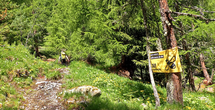 Drapeau de la campagne Oui à la biodiversité accroché au bord du chemin le 22 septembre