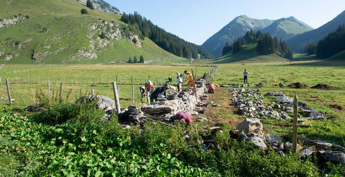 Vacances en faveur de la nature Alpage Le Sori, chantier mur de pierres seches