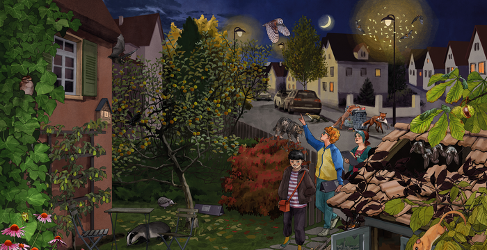 Illustration des Lebensraum Siedlungsraum bei Nacht