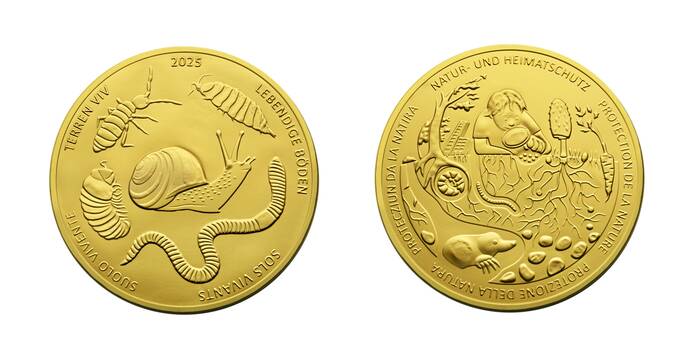 Die beiden Seiten des Schoggitalers in goldener Verpackung.