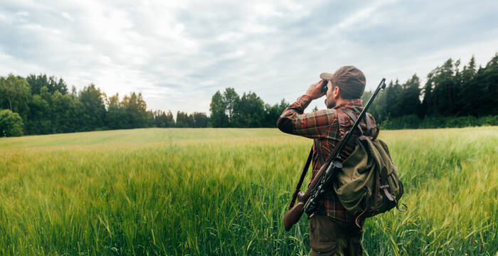 Un chasseur se tient au bord d'un champ de céréales et regarde à travers ses jumelles