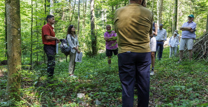 Jürg Hunziker, Projektleiter und Förster erklärt das Gewinnerprojekt «Revitalisierung Auenwald Schlatt». © Matthias Sorg