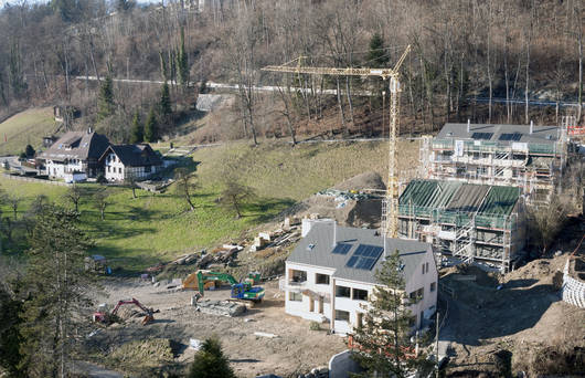 Baustelle mit Kranen direkt vor Wald