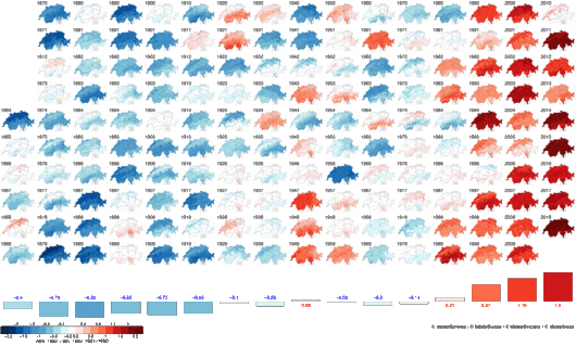 Grafik des Bundesamts für Meteorologie und Klimatologie auf der die Temperaturabweichung vom Mittel der Jahre 1961-1990 zu sehen ist