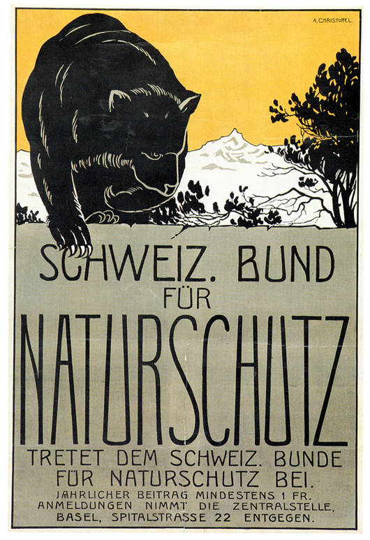 Der Schweizerische Bund für Naturschutz wirbt 1908 auf einem Plakat mit dem Bären um Mitglieder. Die Litographie stammt von Anton Christoffel