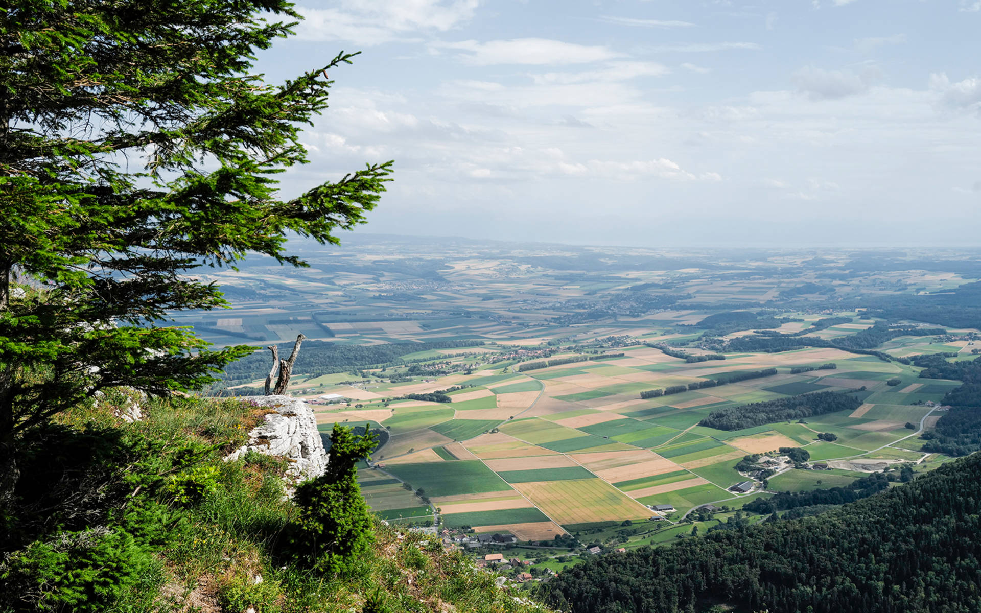 Symbolbild für Raumplanung - Blick von einem Hügel aus auf die Landschaft mit ihren bewirtschafteten Felder. © Matthias Sorg