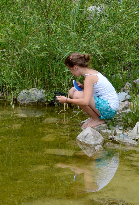 Mädchen beobachtet Wasserinsekten am Weiher