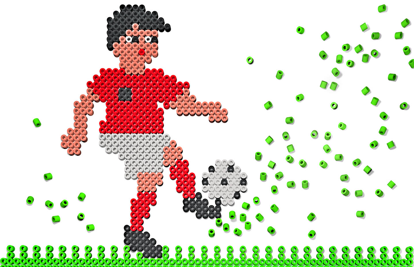 Des perles à repasser permettent de représenter un footballeur avec un ballon.