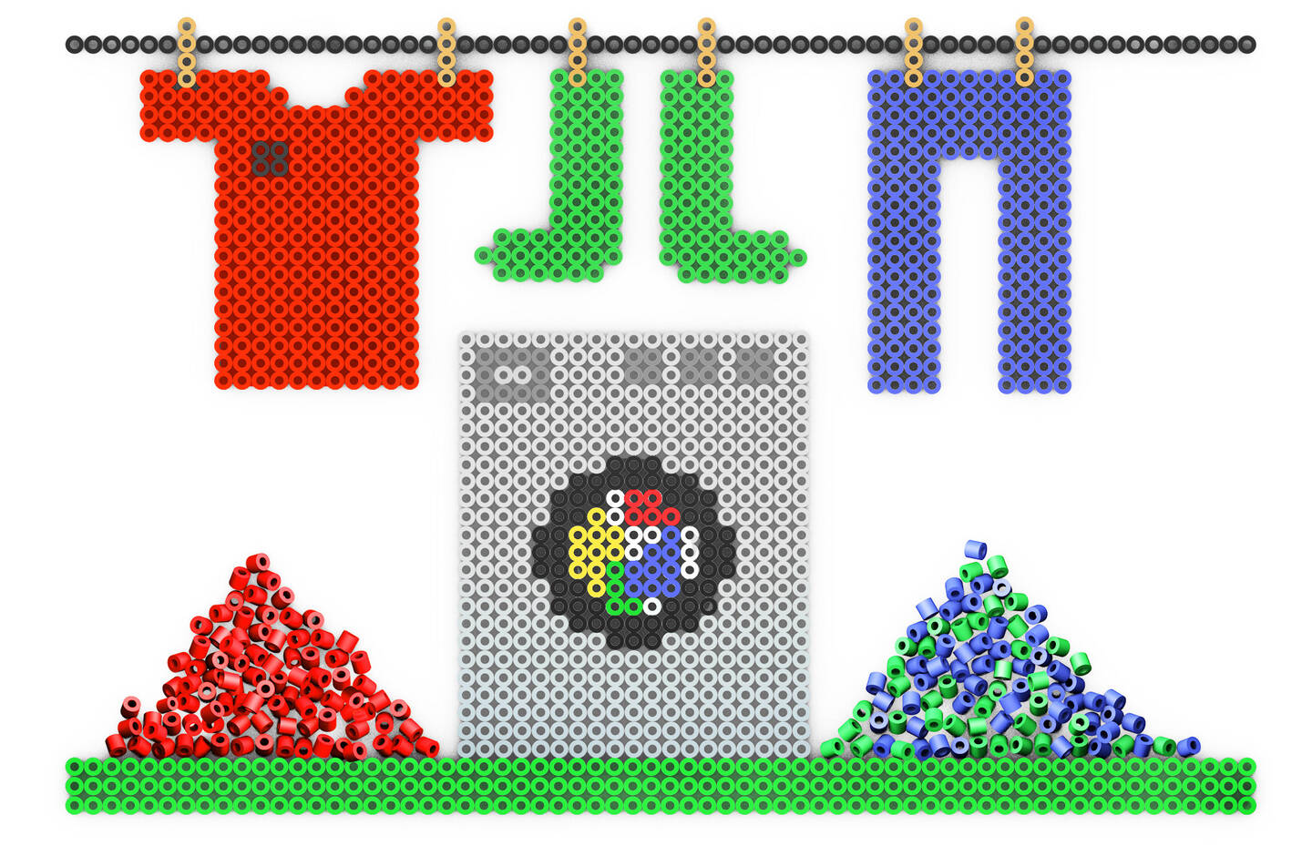 Des perles à repasser sont utilisées pour représenter des vêtements suspendus à une corde et une machine à laver.