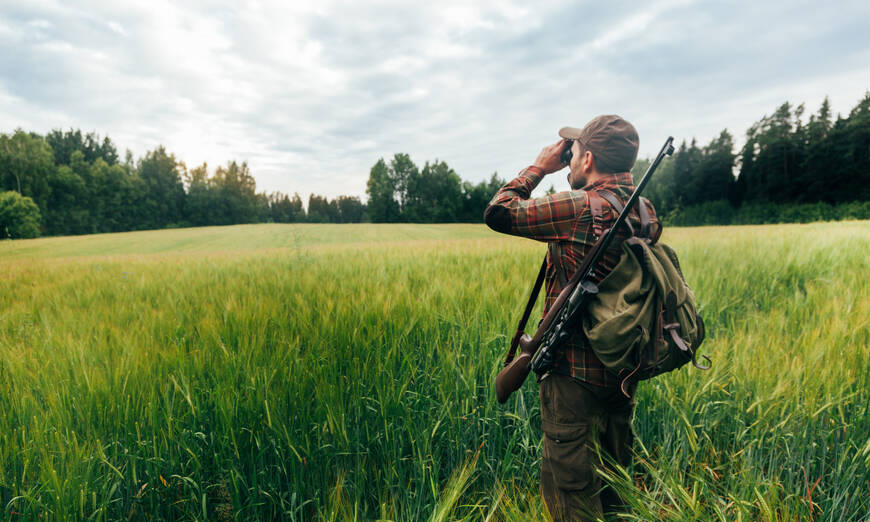 Un chasseur se tient au bord d'un champ de céréales et regarde à travers ses jumelles